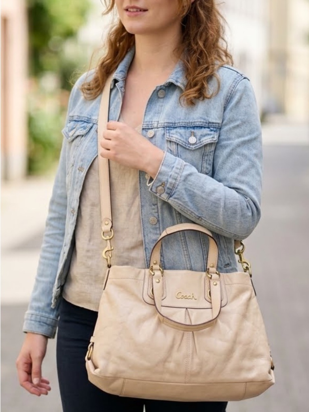 Coach Beige Leather Shoulder Satchel with Gold Hardware